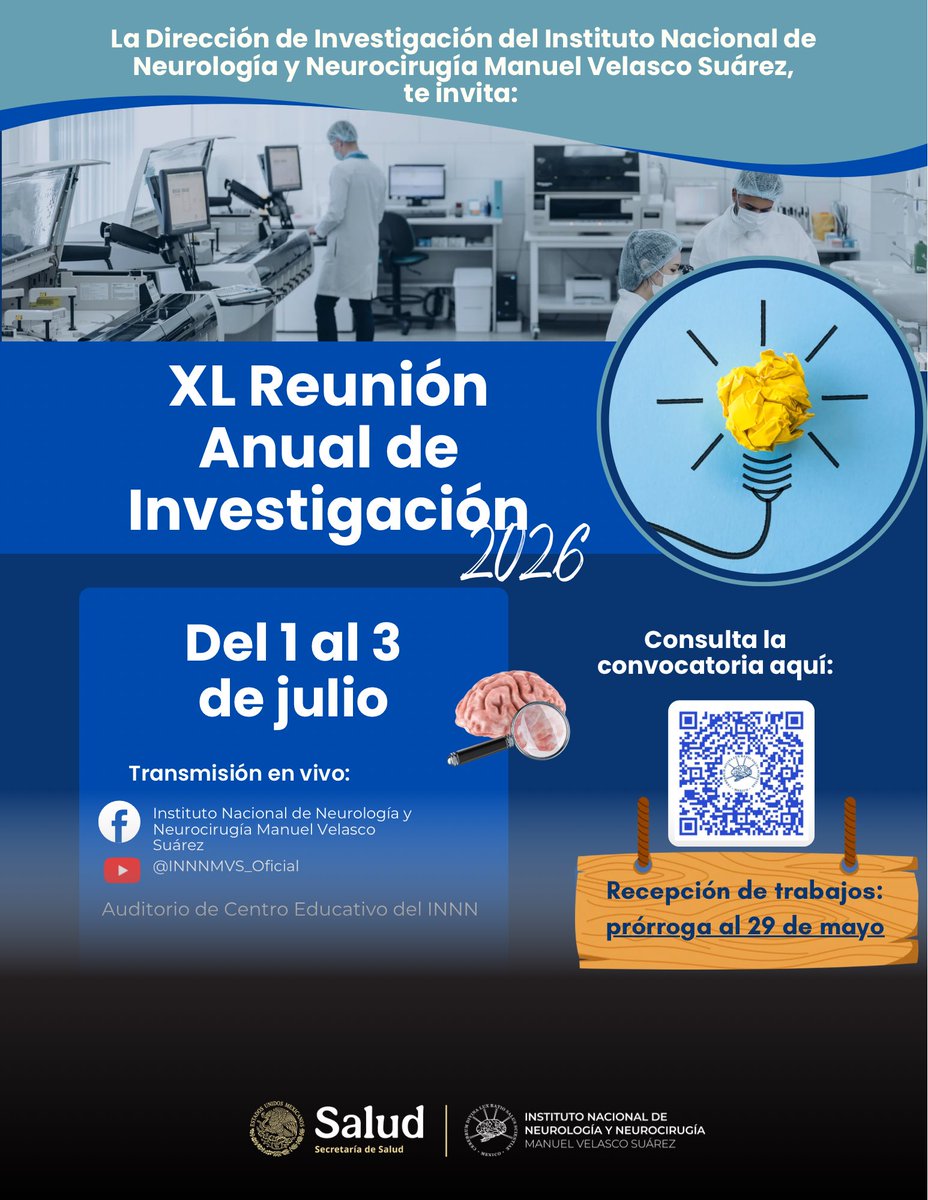 INNNMVS's tweet photo. Nuestra Dirección de Investigación anuncia una modificación en su convocatoria de la XL Reunión Anual de Investigación. 🔬🧪🧠

✅ ¡La recepción de trabajos tiene prórroga al 29 de mayo! 📚📖👩‍💻👨‍💻

🔍Revisa los detalles en el Qr. Esperamos tus proyectos. https://t.co/etJ99YlVkS