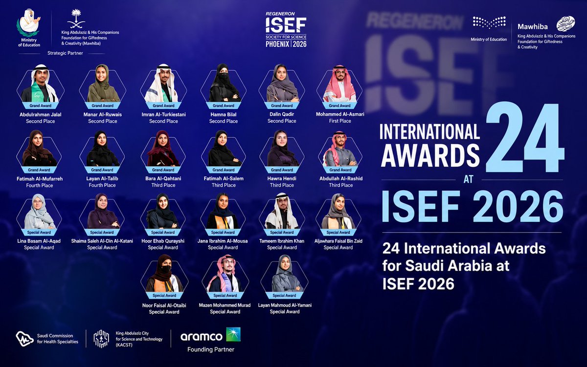 SACM_USA's tweet photo. Phoenix witnessed it!
The world noticed it!
🇸🇦🇸🇦🇸🇦🇸🇦🇸🇦🇸🇦🇸🇦🇸🇦
At #ISEF2026, Saudi students didn’t just participate in the world’s biggest science stage — they altered the conversation with 24 international awards written in the language of innovation, resilience, and impossible dreams made real.