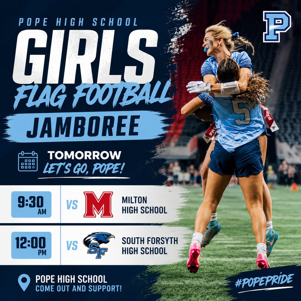 FlagFBPope's tweet photo. 2026 season sneak peak with 2 spring game scrimmages tomorrow @ Pope! Excited to get started with this TEAM! #WeCompete https://t.co/1izoBtX7wl