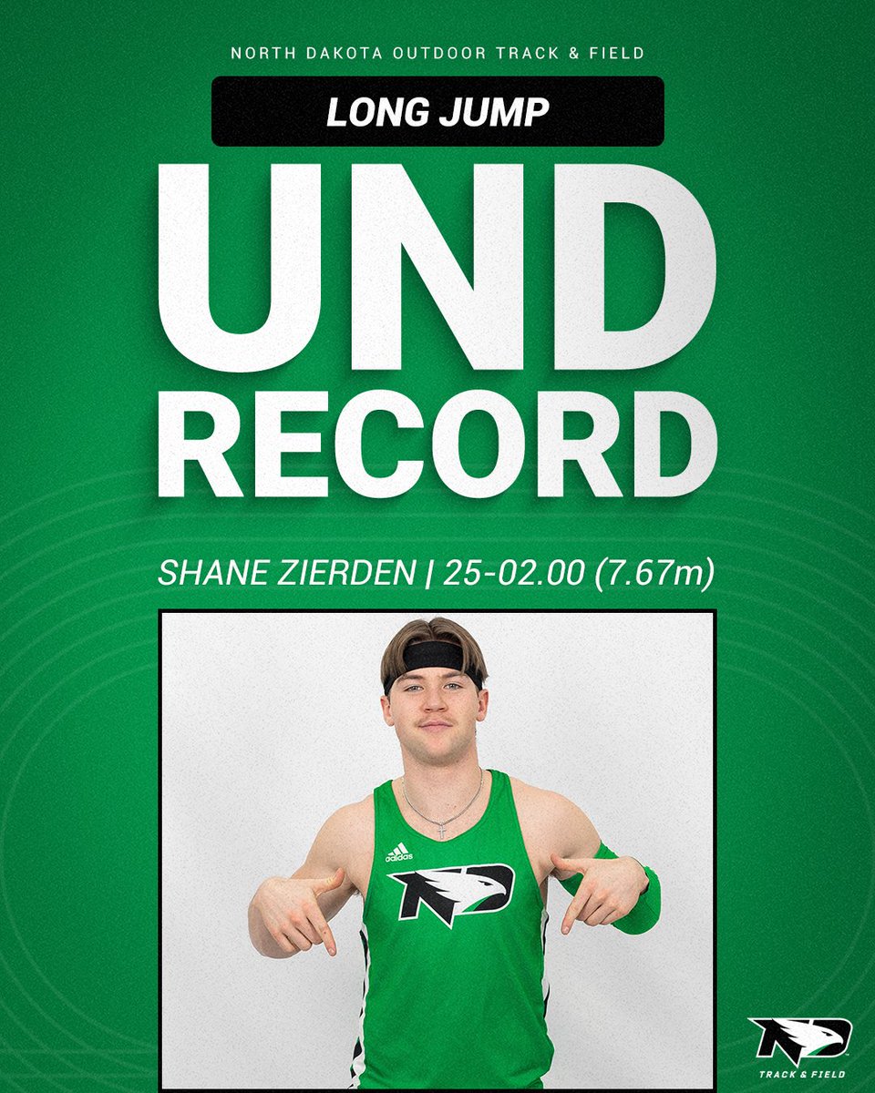UNDtrackfieldXC's tweet photo. MLJ: Shane Zierden takes 🥇, shatters his own school record and breaks the venue record with a jump of 25-02.00 (7.67m)!
#UNDproud | #LGH | #ReachTheSummit | #TopTenHawk https://t.co/fxUn7oMZ2N