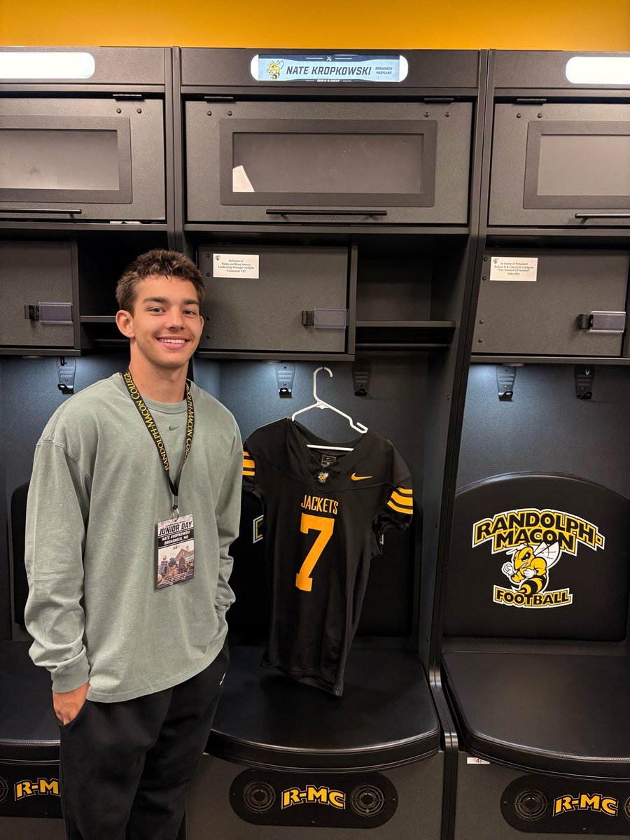 NateKropkowski's tweet photo. I had an amazing visit with @RMCfootball today! Touring campus, meeting some of the players and coaches exceeded my expectations. I loved learning about their culture, and the structure they have to not only be a great football program, but to prepare you for life after college. 

Thank you @CoachNeuse for the invite! I can’t wait to be back down for a game! 

@broadneckfb @CoachAaronRHA @JeffHecklinski @Coach_NJackson @coachzip2 @CoachMitchell67 @CoachJonesRMC