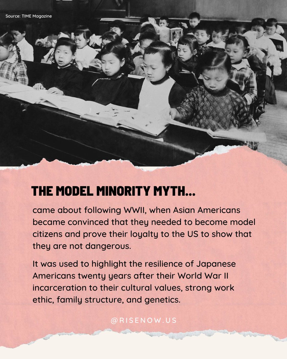 RiseNowUS's tweet photo. The Model Minority Myth elevates the status of AAPI Individuals, diminishing their experiences with racism, and driving a wedge between the AAPI community and other communities of color.

It turns Asian Americans into a monolith of politeness and educational success, denying the diversity of the Asian American diaspora and coinciding with the perpetual foreigner stereotype to further prevent AAPI populations in being worthy of promotions or higher management positions in the workforce.

#AAPIHeritageMonth #AAPI #Stereotypes #modelminoritymyth