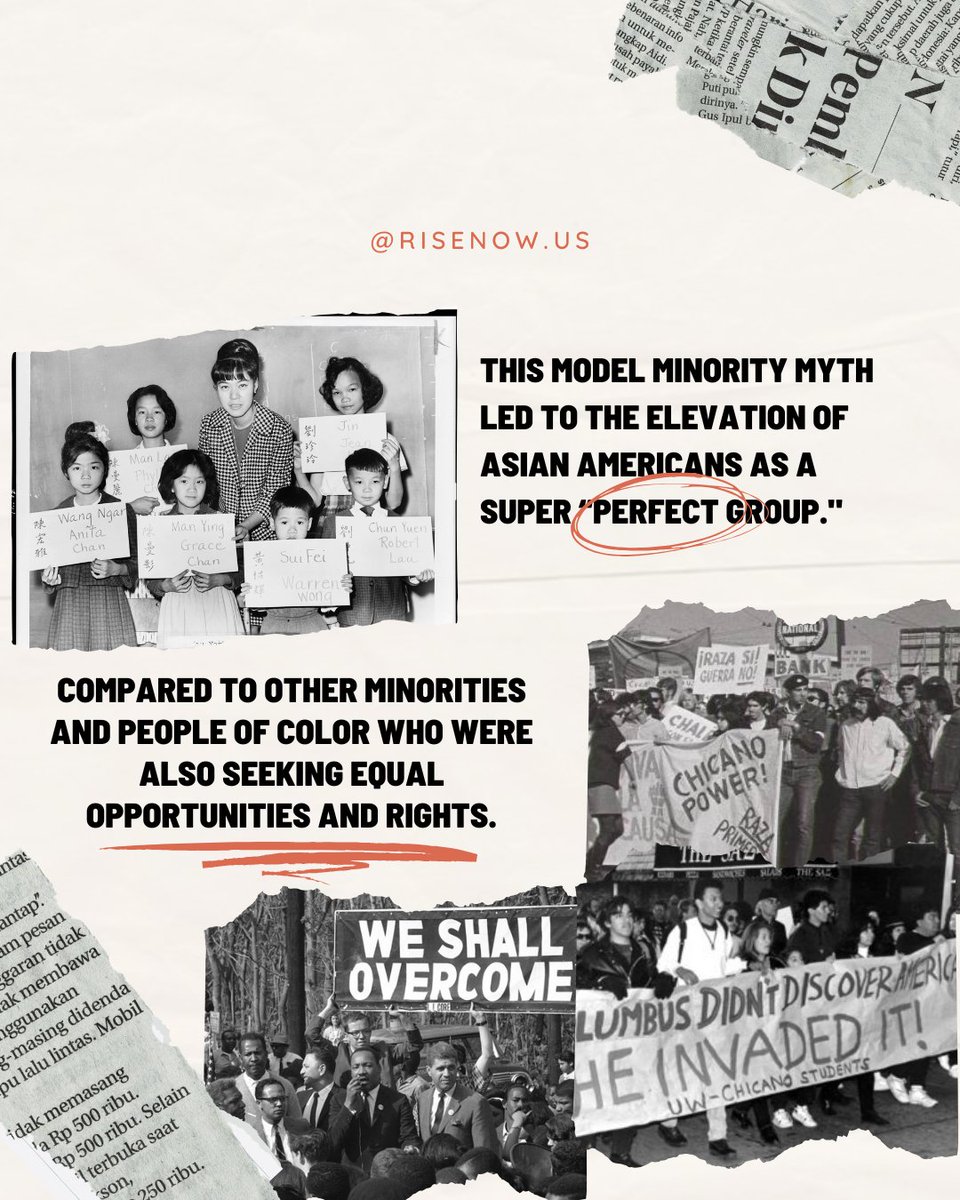 RiseNowUS's tweet photo. The Model Minority Myth elevates the status of AAPI Individuals, diminishing their experiences with racism, and driving a wedge between the AAPI community and other communities of color.

It turns Asian Americans into a monolith of politeness and educational success, denying the diversity of the Asian American diaspora and coinciding with the perpetual foreigner stereotype to further prevent AAPI populations in being worthy of promotions or higher management positions in the workforce.

#AAPIHeritageMonth #AAPI #Stereotypes #modelminoritymyth