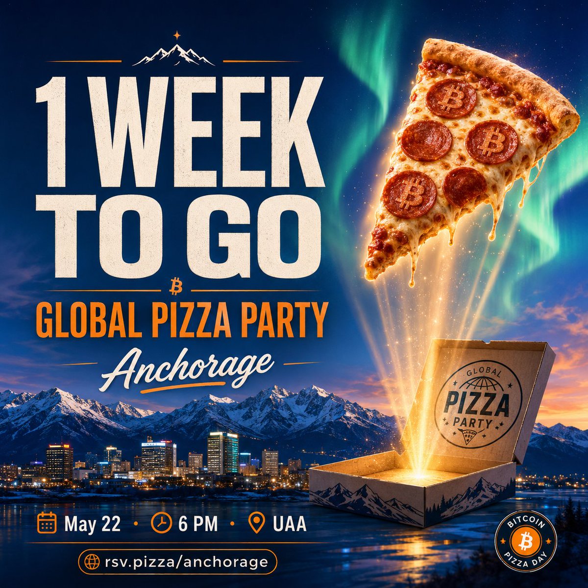 akcryptoclub's tweet photo. 1 week until the Global Pizza Party in Anchorage! 🍕🫎

Join us for Bitcoin Pizza Day at UAA with free pizza and a casual evening around tech, entrepreneurship, blockchain, and community.
Hosted by @Pizza_DAO @standwithcrypto 

May 22 - 6 PM
Details & RSVP below