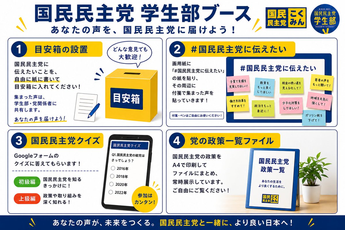 DPFP_Students's tweet photo. 【ついに本日！！📢】
いよいよ、民主主義ユースフェスティバル、当日となりました！！

今年のユースフェスは、学生部企画が４つあります🙌ぜひ足をお運びになって、企画をご覧いただけたらと思います。

皆様のご来場、お待ちしております！！

#国民民主党
#国民民主党学生部 https://t.co/1c3B1Vbtpl
