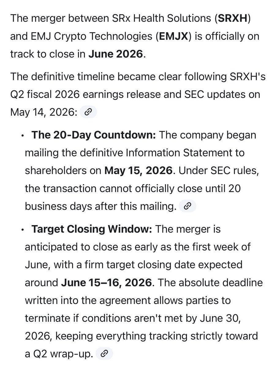 SamyCric's tweet photo. According to Google Gemini AI, $SRXH $EMJX merger should be completed by June 15 or 16th. Let’s Go 🚀 🔥 holding and DCAing since December 2025. https://t.co/NO437CpqIy
