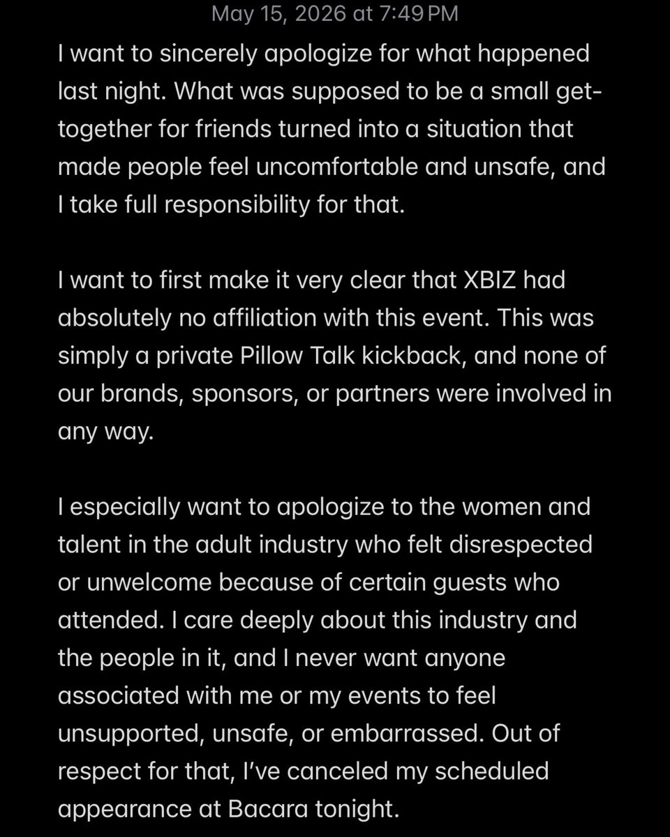 pillowtalkwryan's tweet photo. Last night got completely out of hand and I want to sincerely apologize to everyone affected. 

Nobody should’ve felt uncomfortable or unsafe at something associated with my name. I take full responsibility for the mistakes made and I’m genuinely sorry to everyone whose night was negatively impacted.

Please read my full statement below.