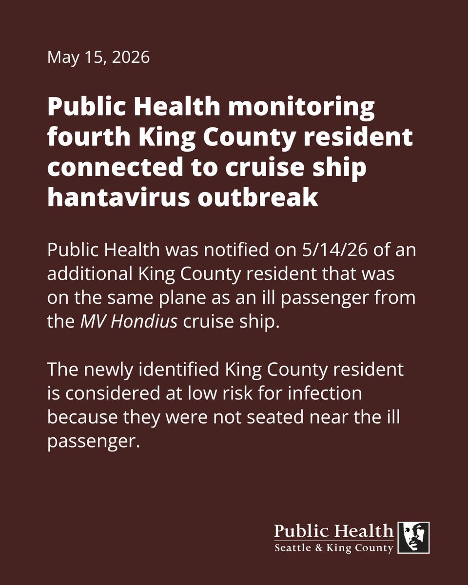 May 15, 2026.

Public Health monitoring fourth King County resident connected to cruise ship hantavirus outbreak.

Public Health was notified on 5/14/26 of an additional King County resident that was on the same plane as an ill passenger from the MV Hondius cruise ship.

The newly identified King County resident is considered at low risk for infection because they were not seated near the ill passenger.

