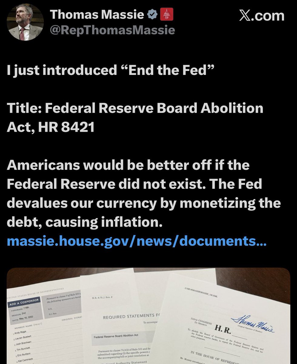 1982Logos's tweet photo. @AwakenWithJP "We need to end the Fed and go back to hard money."
 
“End the Fed and quit printing and borrowing money to cover deficit spending. It's really that simple."

“Good morning. Today would be a perfect day to End the Fed, don't you think?"

- Thomas Massie https://t.co/ft7mbx57YK