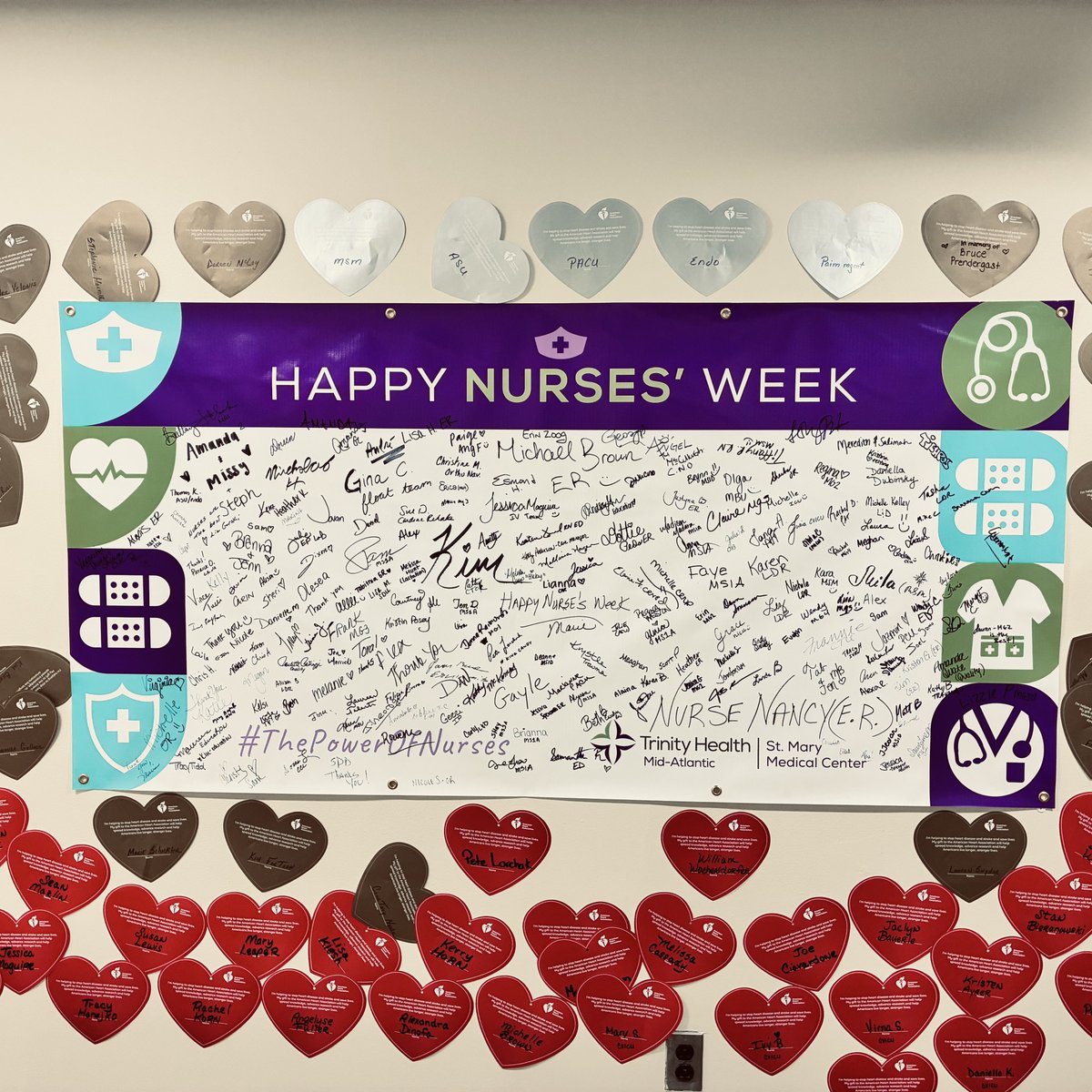 trinityhealthma's tweet photo. During #NursesWeek, our teams came together to celebrate the power of nursing—one message at a time. From words of gratitude to messages of encouragement, these banners quickly filled with appreciation for the incredible nurses who make a difference every day.

 #HealthcareHeroes https://t.co/xR7heKJ07J