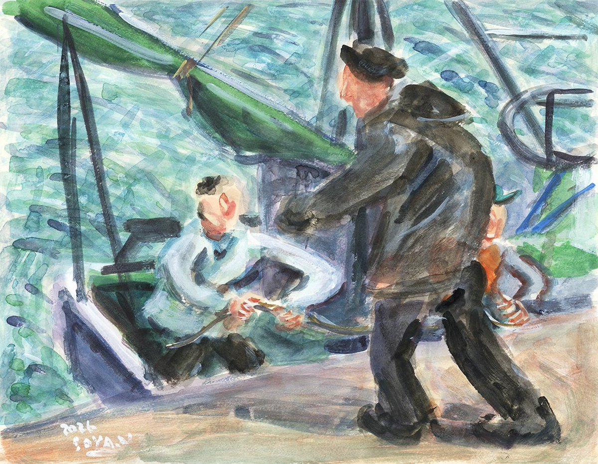 StudioSoya's tweet photo. 昨日「大原写生会」に行ってきました。ほんの少しの滞在でしたが、楽しく描くことができました。
目の前に漁船が入ってきて、漁師たちの迫力ある仕事の風景を、必死に描き留めてみました。

#大原写生会2026 https://t.co/TzWQPVcx19
