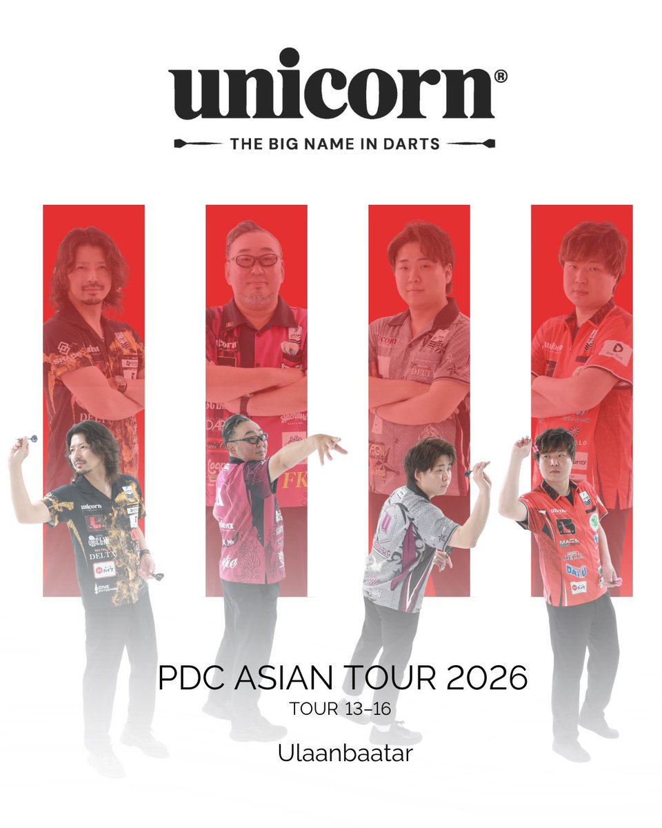 UnicornDartsJP's tweet photo. 📢大会情報
2026年5/16(土)5/17(日)

PDC Asian Tour 2026Stage 13–16 🇲🇳Ulaanbaatar

Team Unicornより

有原竜太選手（@Ryuta_Arihara）
龍波光彦選手（@Sunny19730807）
岡野翔選手（@sho_1010）
林雄太選手（@04_yuta）

以上4名が出場いたします。

選手の活躍にご注目ください。

Ready for battle.

▶︎LIVE配信https://t.co/MsjDp7jzoJ

#PDC #Unicorn #UnicornJapan