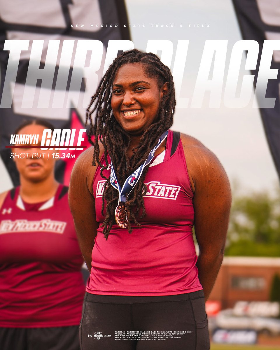 NMStateXCTF's tweet photo. Way to go Kam! 🗣️

Kamryn Cadle takes third place in the shot put with a mark of 15.34m (50-4”), the first podium of her collegiate career‼️

#AggieUp | #NoLimitsOnUs https://t.co/M5zskwhPUA