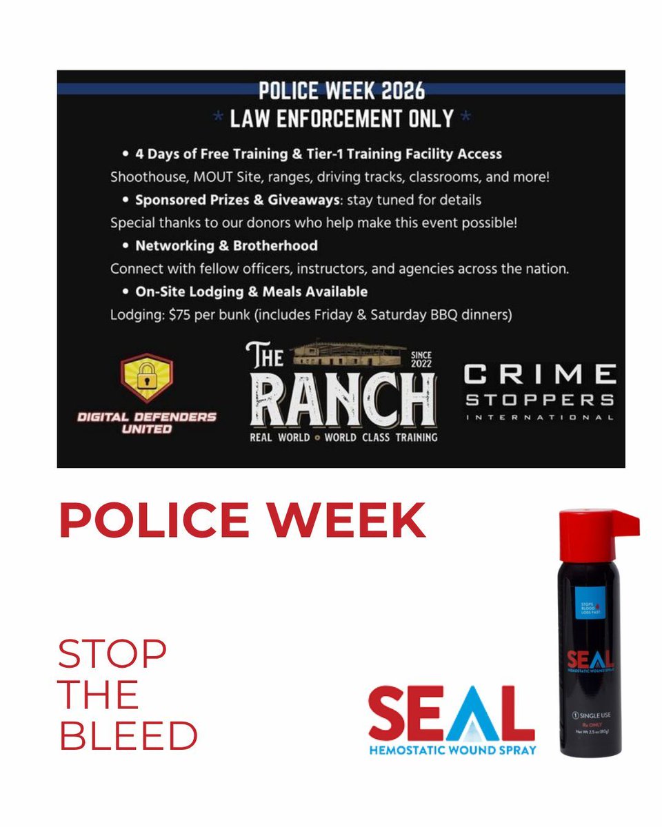 BC3Technologies's tweet photo. Chris Meyer is at Police Week 2026 at The Ranch TX training officers on emergency medical response and rapid bleeding control with SEAL. 🚔
Thank you to all law enforcement professionals during #NationalPoliceWeek 🇺🇸
#StopTheBleed #Preparedness #SEALTheBleed #SaveALife https://t.co/SeAYHDiCXi