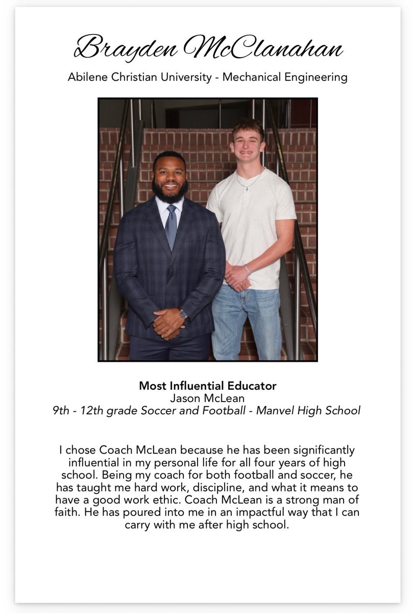 HokaHeyFootball's tweet photo. Huge congratulations to senior kicker @B_McClanahan07 on being named one of the Top 20 students! Shoutout to Manvel Football’s Special Teams Coordinator, Coach McLean (@Mr_Clean15), for being recognized as his most influential educator. Well deserved! 
@CoachKirkMartin
@ManvelHS
@AlvinISDAth
 @ManvelHSabc 
#recruitmanvel #hokahey #BeDifferent #Family