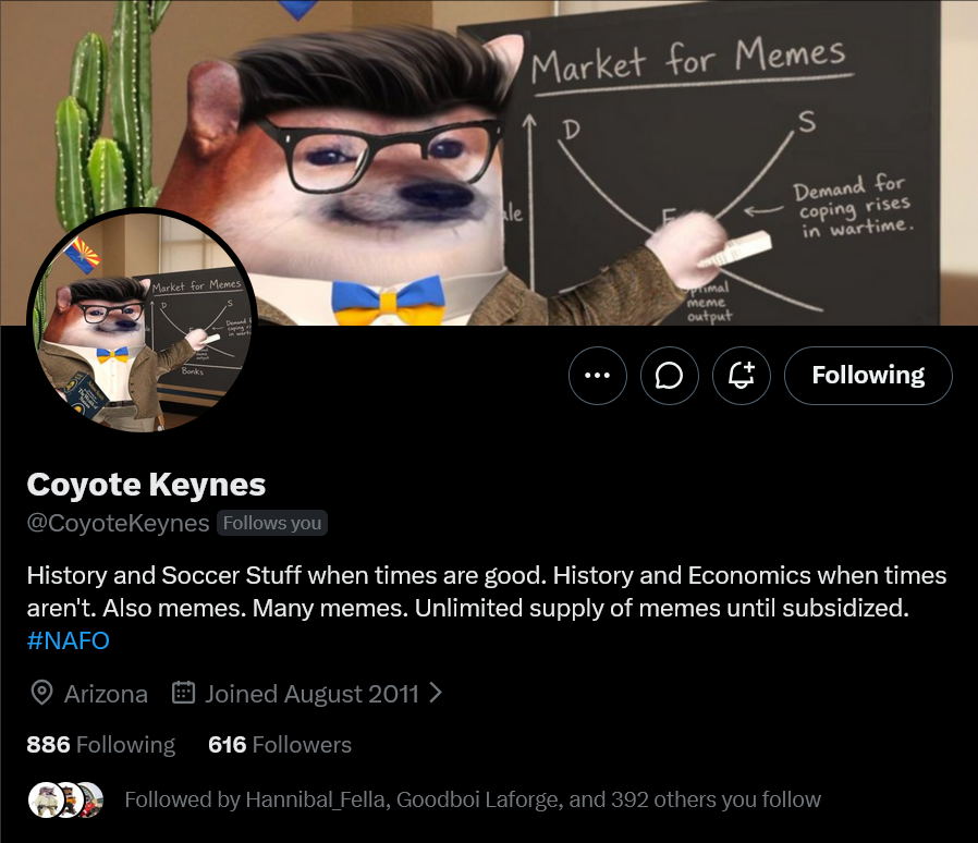 Baguette7th's tweet photo. #NAFOFellas, can we boost @CoyoteKeynes? 

Thank you 🫡🇺🇦💙💛

#NAFO
#WeAreNAFO
#NAFOExpansionIsNonNegotiable https://t.co/vuVKHyFe1O