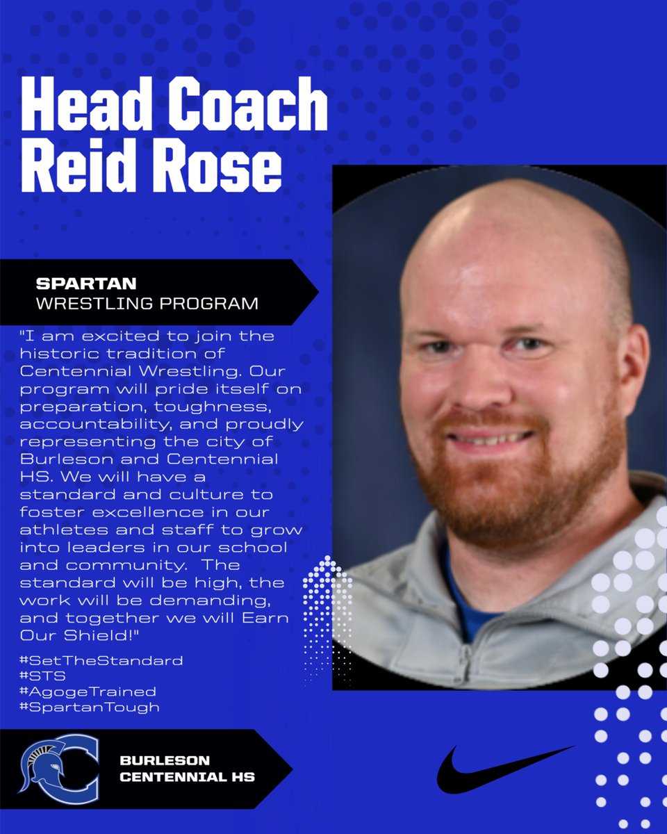 Cen10Wrestles's tweet photo. Centennial High School proudly welcomes Reid Rose as the new Head Wrestling Coach of Spartan Wrestling!

Please join us in welcoming Coach Rose and his family to Spartan Wrestling.
#EarnYourShield
#SpartanTough https://t.co/tKzS7fGUJV