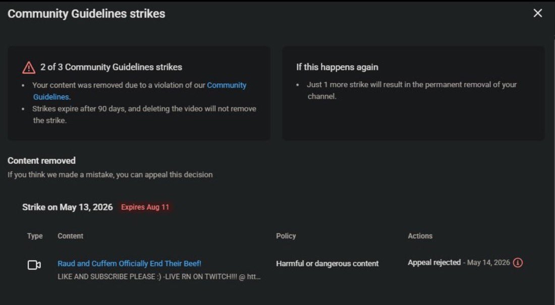 RaudUpdates's tweet photo. . @YouTube wrongfully strikes Raud's Channel for a clip of Speed that is posted on Speed's channel🤔 https://t.co/3MKkOEXwCT