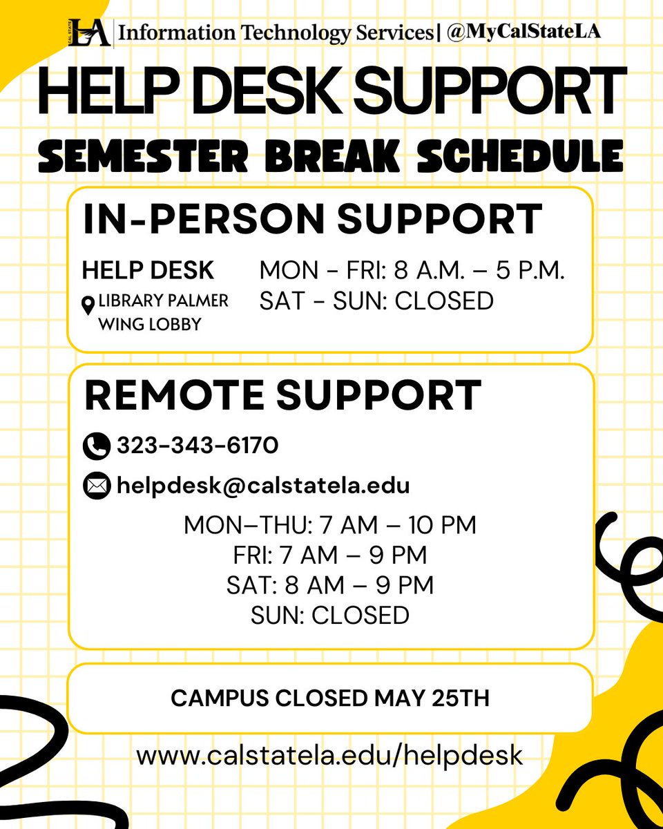 MyCalStateLA's tweet photo. Hey Golden Eagles! Here are the semester break schedules for our Open Access Labs! The Labs are equipped with multiple PCs, Macs, and printers. The computers are also available for Remote Access. Learn more at https://t.co/hqCg43RmlH #CalStateLA_ITS #MyCalStateLA #OAL https://t.co/yBbAHDjBd0