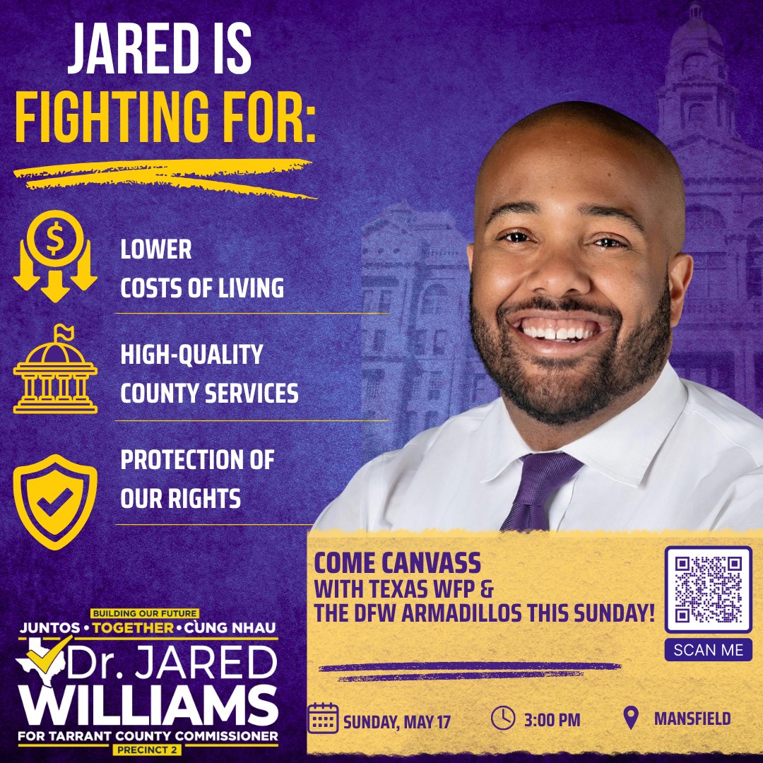 TXWFP's tweet photo. ✊🏽 Join us as we walk the block for Dr. Jared Williams! Scan to sign up! #texaswfp #dfwarmadilloswolfpack #workingfamiliesparty https://t.co/q4DgR1JEAA