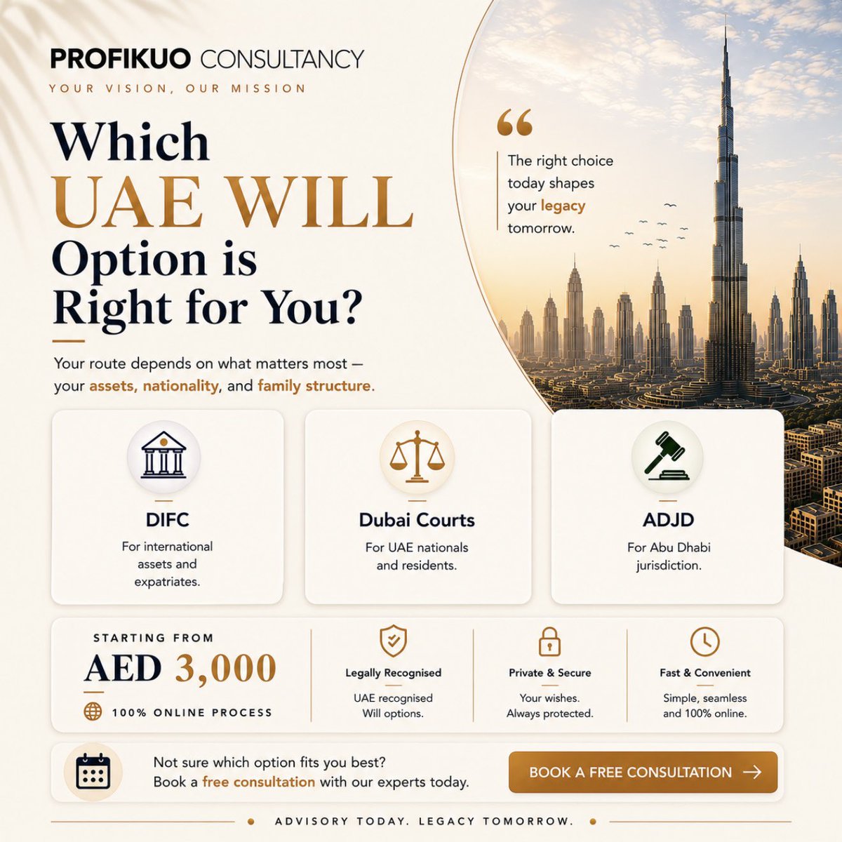 ProfikuoC's tweet photo. The right UAE Will structure today can protect your family, assets, and legacy tomorrow.

DIFC, Dubai Courts, or ADJD — the right choice depends on your personal and financial profile.

#UAEWills #DIFC #Dubai #EstatePlanning #ProfikuoConsultancy https://t.co/7FEfLnSlkn