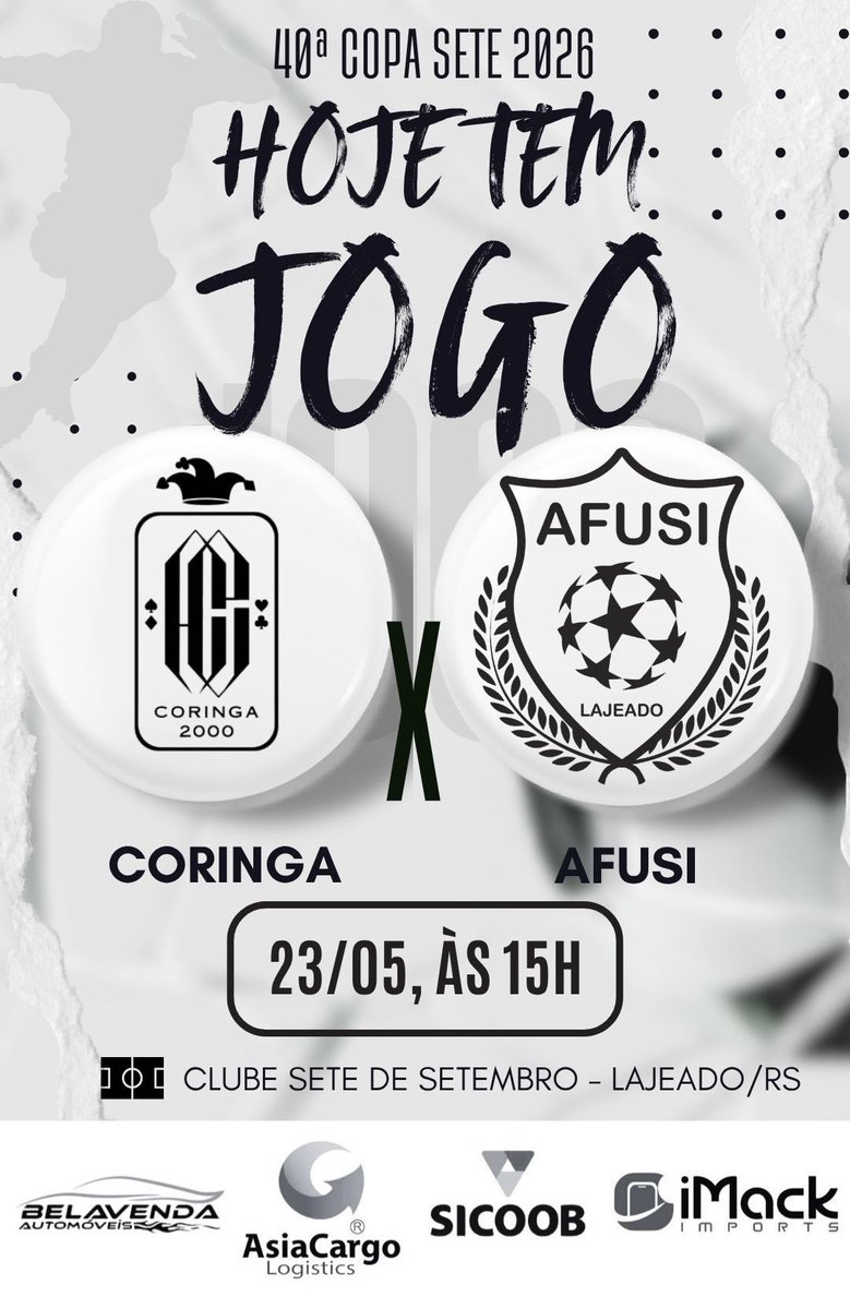 coringa_futebol's tweet photo. 💪🏼⚽️DIA DE JOGO🤙🏼 🚀

Nosso sexto confronto será contra a equipe da @afusi_team 

🗓️ 23/05
⏰ 15h
🏟️ Clube 7 de Setembro

Contamos com o apoio dos nossos parceiros:
@sicoobsmo 
@asiacargolog 
@imack.imports 
@belavendaautomoveis 

#futebol #society #fut7 #copasete2026 https://t.co/MQLmcsnGEr