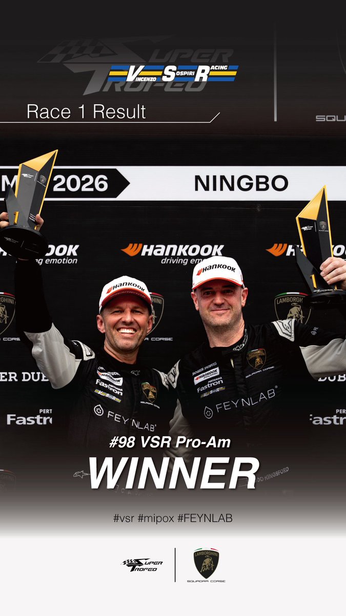 vsrasiateam's tweet photo. P2 Pro and P1 PRO-AM🏆🏁

Race 1 was a true challenge in 60°C track temps, but we fought hard.
Both cars started strong and climbed the order immediately. The #6 showed incredible pace, at one point Gustaw was fighting for the lead. The #98 faced adversity after Todd being hit, losing part of its rear diffuser, but Chris delivered a phenomenal stint post-pit stop. His relentless pace secured us 4th overall and a victory in the Pro-Am class—our 3rd consecutive win to start the season!

In the #6, Liam drove a flawless stint, closing the gap to the leader to just 3 seconds but ultimately finishing 2nd in the Pro class.

It wasn't a perfect race, but we’re taking the positives and working hard to refine our performance for tomorrow 👊🔥

#lamborghinisc #vsr #mipox #feynlab