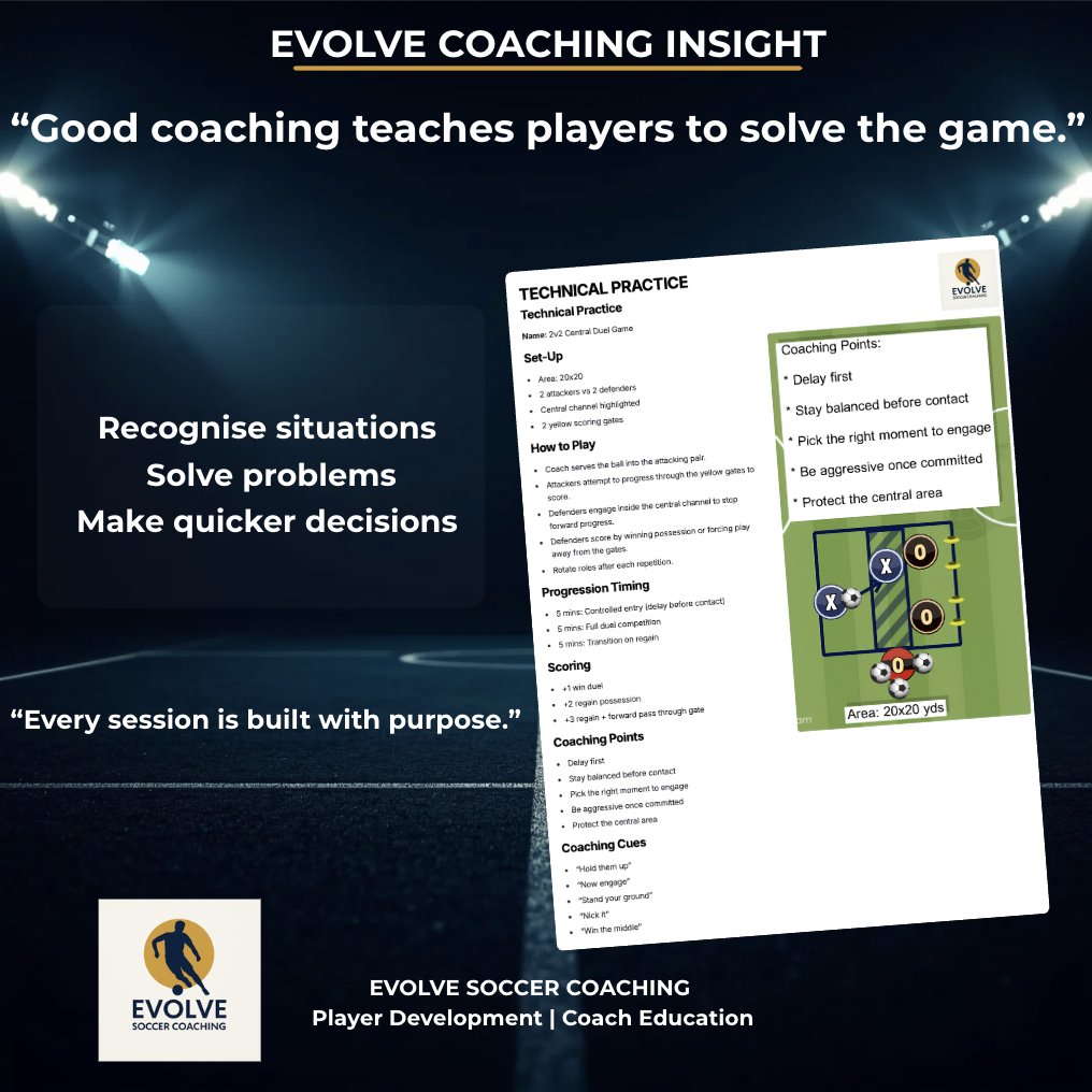 Evolvesoccerco1's tweet photo. A lot of sessions keep players busy.

Good coaching helps players:
 • recognise situations
 • solve problems
 • make decisions quicker

That’s the difference.

Every Evolve session is designed with that in mind.

#CoachEducation #PlayerDevelopment #FootballCoaching #GameUnderstanding #YouthFootball

@ckutdfc @TrevorCasey13