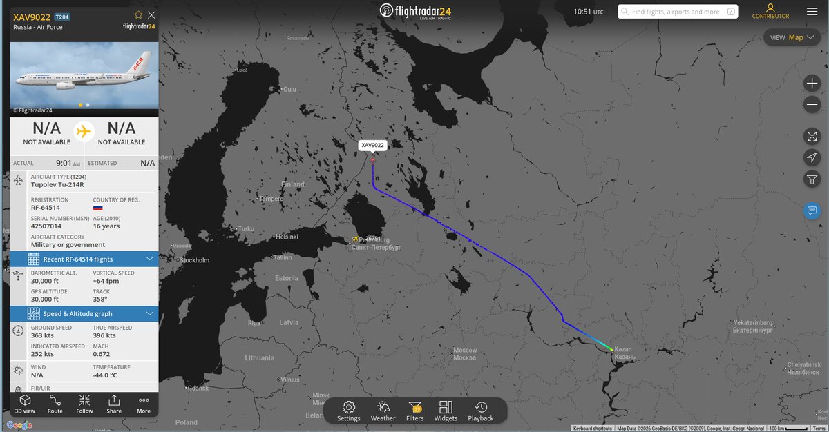 thereccelizard's tweet photo. On 23 May Tu-214R MULLET RF-64514 XAV9022 took off from Kazan and flew northwest. It is now flying north along the RUS – FIN border in what is likely a SIGINT mission. I posted yesterday that I did not know for what or where RUS would use this aircraft; however, today it seems obvious.