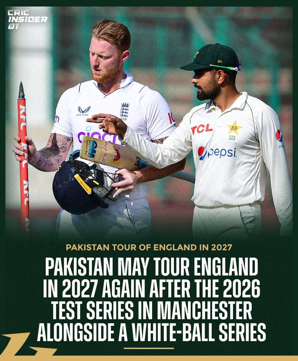 cricinsider10's tweet photo. Pakistan may tour England again in 2027 after playing Tests in 2026 🇵🇰✨
Manchester Test + white-ball series could be added 👀🔥
#CricketUpdate #PakistanCricket #ENGvsPAK https://t.co/Q7vP1P5oUr