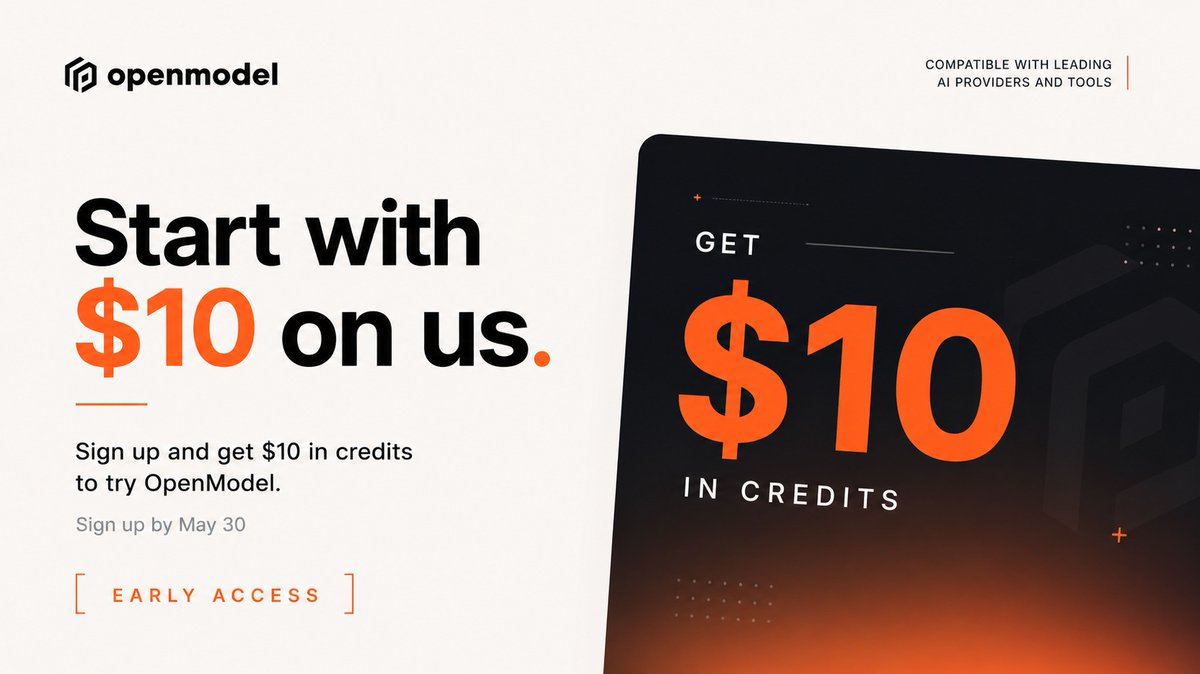 openmodel_'s tweet photo. $10 in credits to try OpenModel — multi-model gateway with native OpenAI, Anthropic, and Gemini endpoints.

Sign up by May 30.

Claude (Haiku/Opus/Sonnet), Gemini 3.x Flash &amp; Pro, GPT-5.3/5.4 series, DeepSeek v4 — all live now.