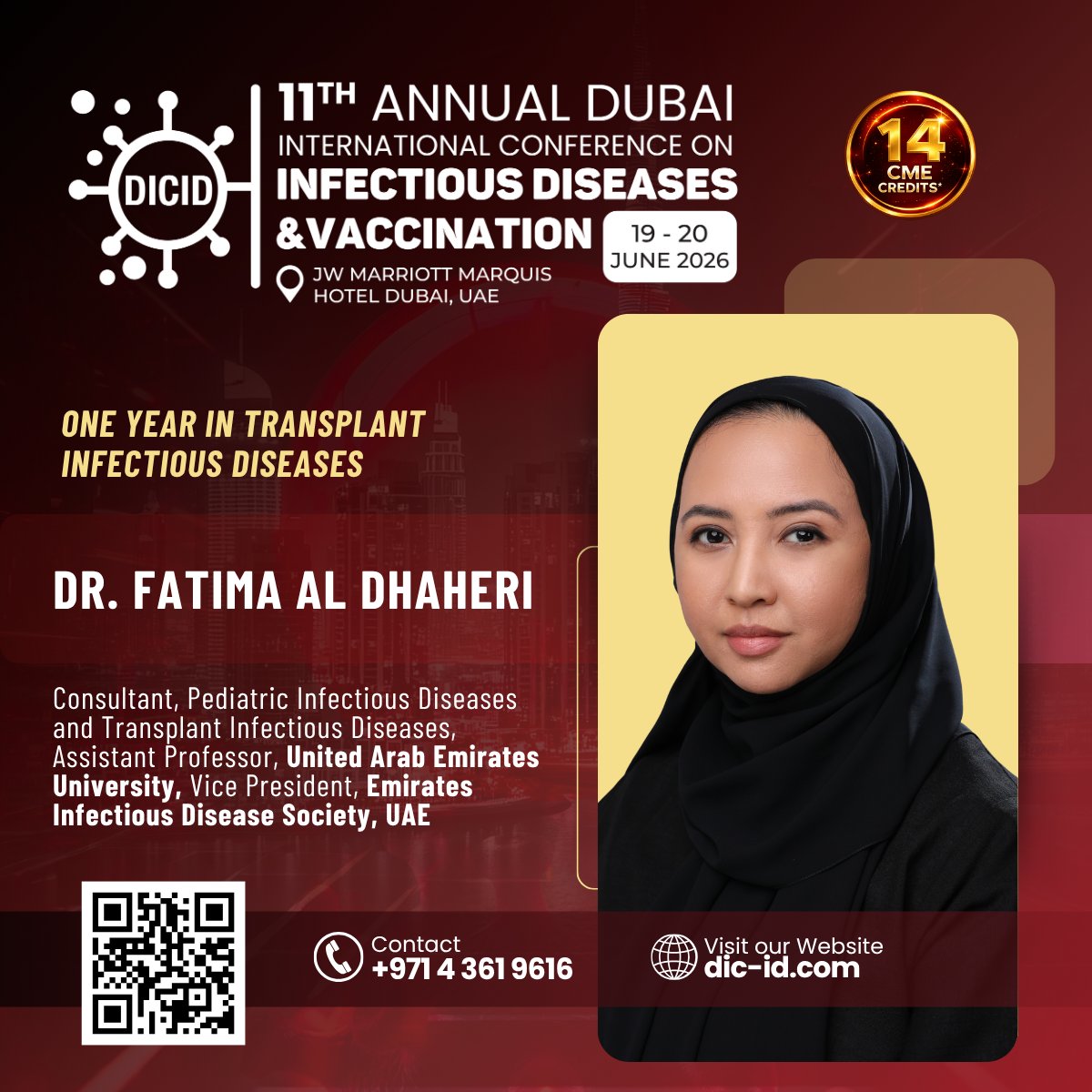 IDprofs's tweet photo. Join Dr. Fatima Al Dhaheri at #DICID2026 for:
“One Year in Transplant Infectious Diseases”

Explore the latest updates and clinical insights in transplant ID care.

🗓 19–20 June 2026
📍 Dubai, UAE
🎓 14 CME Credits

Register: https://t.co/dol3hly8bQ https://t.co/9LZoPlyTIP