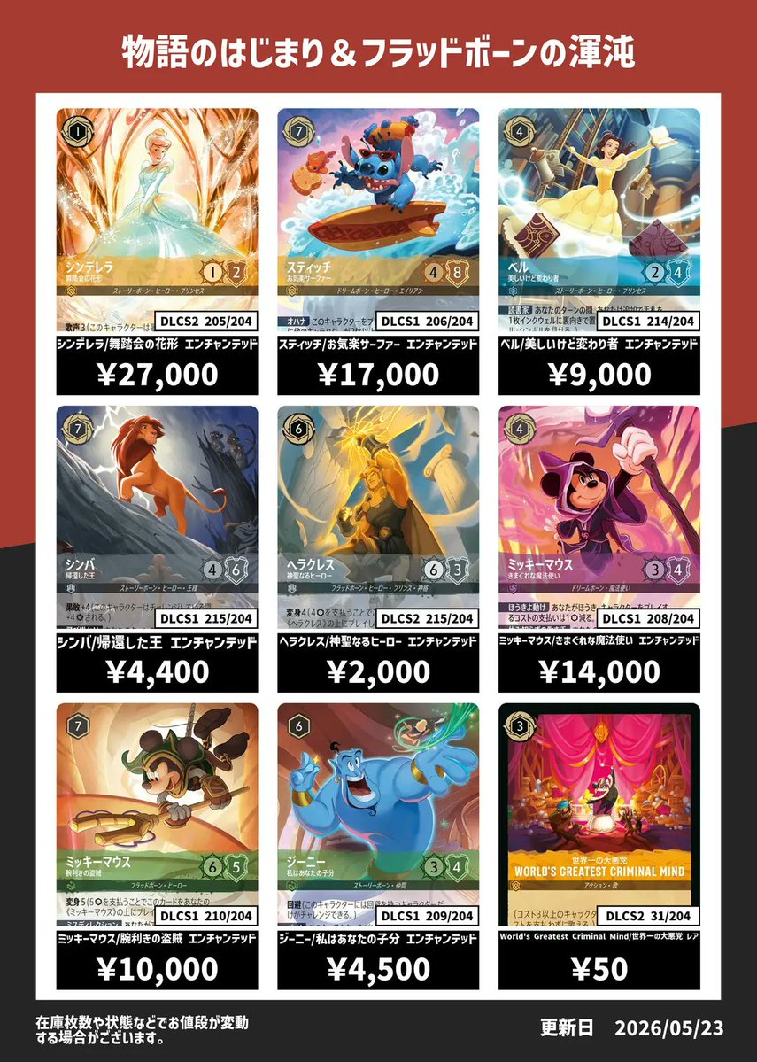 ロルカナ】#カード王買取 1,2弾の買取表です📣 シンデレラ/舞踏会の
