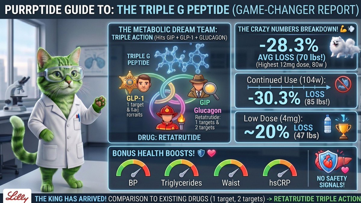 purrptide's tweet photo. @EliLillyandCo new Retatrutide data is insane it’s basically handing out bariatric surgery results in a syringe, letting patients delete up to a third of their body weight like an unwanted software update.

By hiring a "Triple G" hormone purrfect dream team to simultaneously mute hunger and torch fat, it safely completely breaks the metabolic matrix without giving your heart or liver any side-effect drama.
