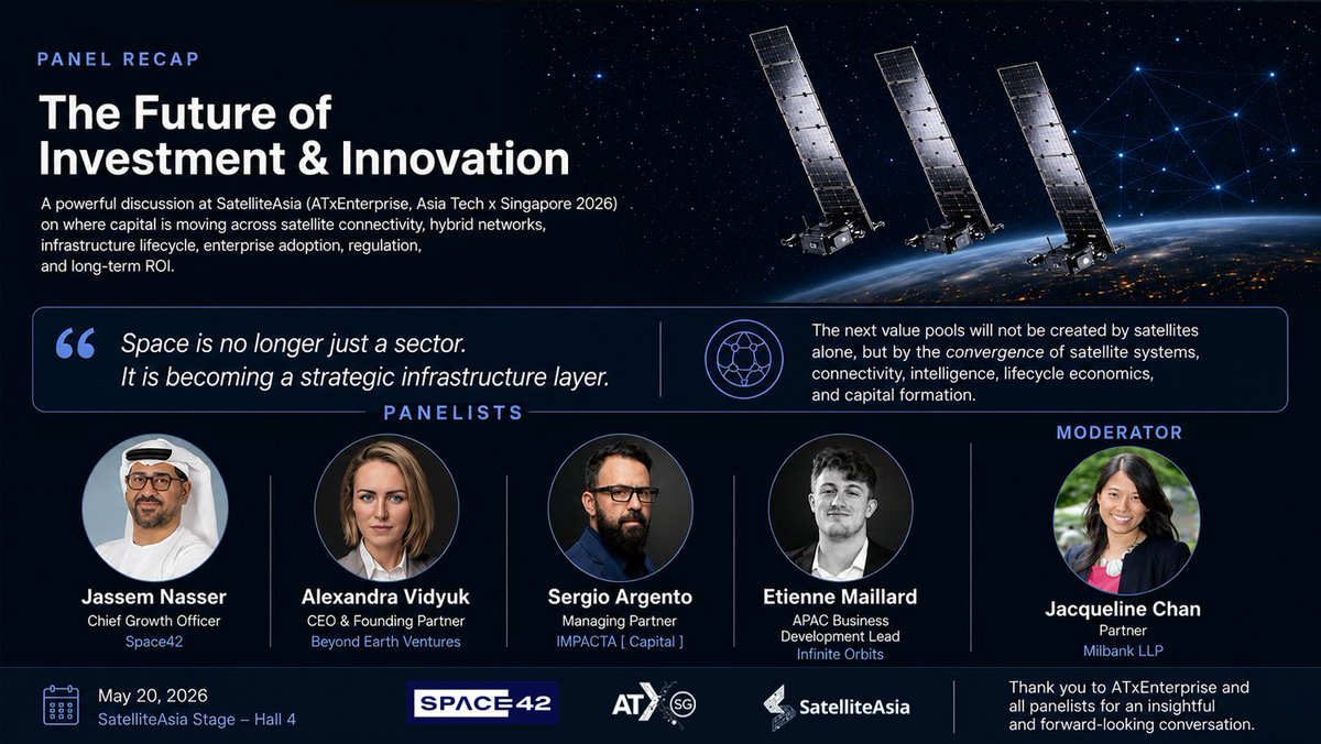 ar9ento's tweet photo. Earlier this week at SatelliteAsia, during Asia Tech x Singapore 2026, I joined “The Future of Investment & Innovation in Space” panel.

The final question was: What needs to happen in the next 24 months to unlock the next phase of growth in Space?

My answer, beyond jokes: Humanity may badly need an encounter with an alien civilization.

Peaceful scenario: we get the ultimate technology transfer and accelerate toward becoming a multi-planetary civilization.

Not-so-peaceful scenario: we finally remember that our internal conflicts are small compared with the responsibility of defending Earth as one species.

Yes, it was partly provocative. But the serious point is this:

The Space economy does not only need more satellites, rockets, capital, and regulation.

It needs a bigger civilizational reason to move faster.

Space is no longer just a sector.

It is becoming strategic infrastructure for connectivity, resilience, intelligence, security, climate monitoring, remote operations, and human expansion.

The next 24 months should not only be about deploying more assets in orbit.

They should be about building the political will, commercial discipline, public-private cooperation, and long-term capital structures needed to turn Space from narrative into infrastructure.

One way or another, humanity needs to start thinking less like separate markets — and more like one planetary civilization preparing for what comes next.

Special thanks to Asia Tech x Singapore, ATxEnterprise, SatelliteAsia, and session sponsor Space42 for convening the conversation.

Great pleasure to share the stage with Alexandra Vidyuk, Jassem Nasser, and Étienne Maillard, with Jacqueline Chan moderating.

#ATxSG #SatelliteAsia #SpaceTech #SpaceEconomy #FrontierTech #FutureOfVenture #Space #Infrastructure

https://t.co/nejEYO1dDA