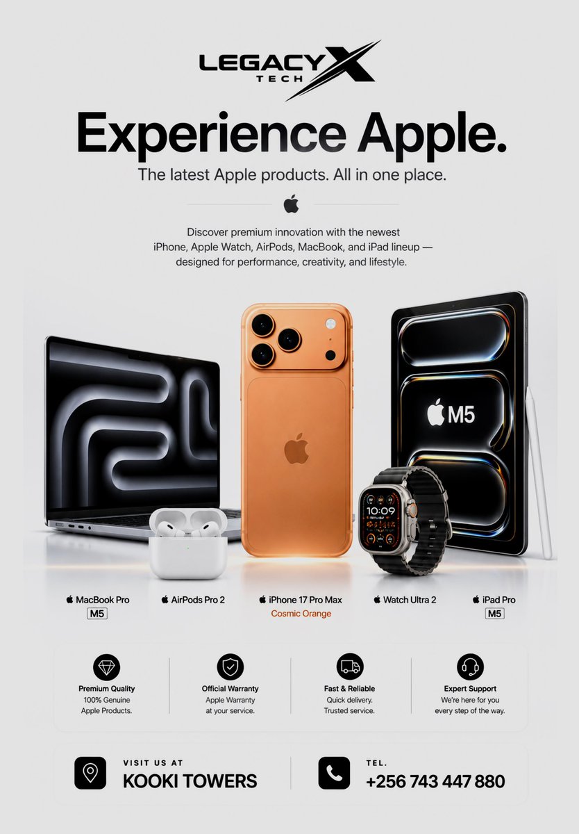 Legacyxtech's tweet photo. Premium Apple innovation, all in one place. 🍎✨  
Experience the latest iPhone, MacBook, iPad, AirPods &amp; Apple Watch lineup only at LEGACY X TECH.  

📍 Kooki Towers | 📞 +256 743 447 880 https://t.co/YCdL8XjXC3