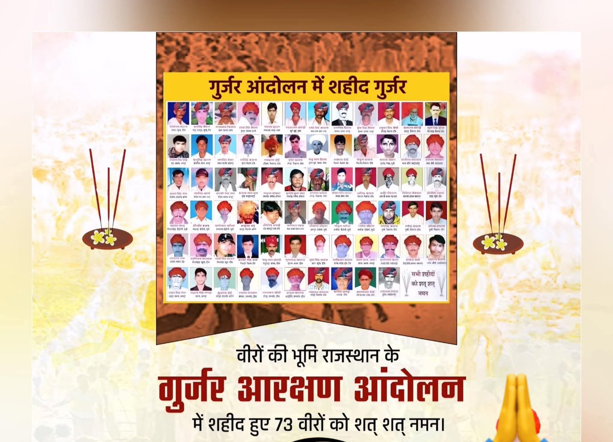 RahulSinghdoi's tweet photo. समाज के हक, अधिकार, पहचान, आत्मसम्मान और एकजुटता के लिए संघर्ष करते हुए 23 मई 2008 को शहीद हुए सभी वीर गुर्जर शहीदों को भावभीनी श्रद्धांजलि
#गुर्जर_आंदोलन_बलिदान_दिवस https://t.co/iwdpnb5OwY