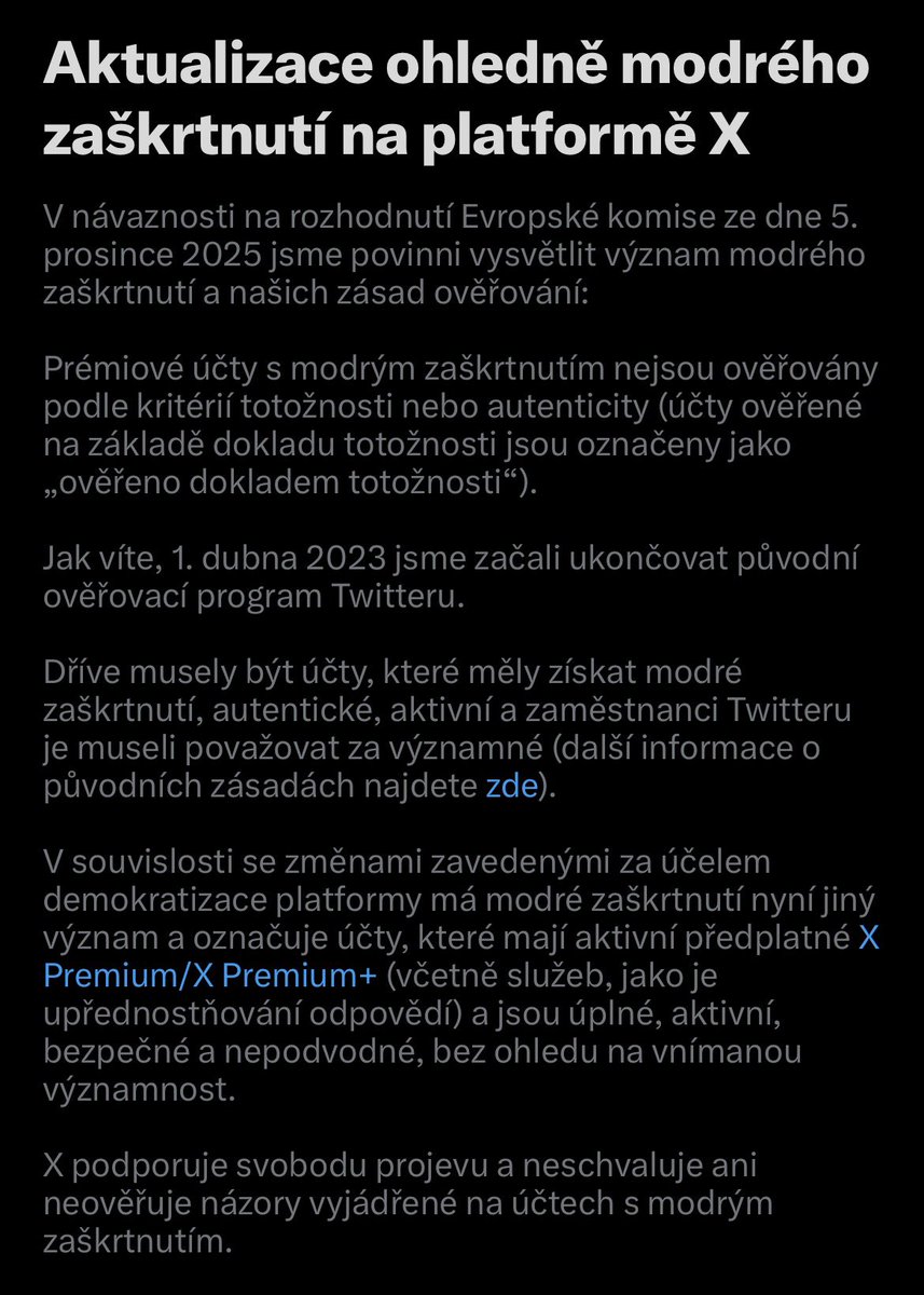 pvysdev's tweet photo. Překlad z marketingštiny: Modrá fajfka už neznamená, že jsi autentický, důležitý nebo zajímavý. Znamená to jen, že můžeš být klidně looser a klidně automat ale platíš nám love a my tě cpeme dopředu v algoritmu. Konec předstírání. https://t.co/Fjt0eKVHi3