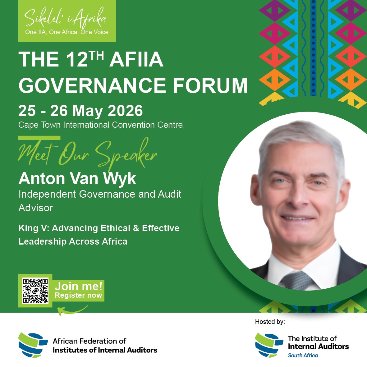 IIASOUTHAFRICA's tweet photo. Meet the Distinguished Speakers of the 12th AFIIA Governance Forum!

The Governance Forum brings together an outstanding line-up of governance, risk, audit, and public sector leaders to explore the critical issues shaping organisational resilience, accountability, and value creation across Africa.

Over two impactful days, delegates will gain insights from respected experts and thought leaders on governance excellence, public interest, business continuity, internal audit's evolving role, and the challenges and opportunities facing organisations in an increasingly complex world.

Don't miss this opportunity to learn from some of the profession's most influential voices and connect with fellow leaders committed to strengthening governance across the continent.

📅 25–26 May 2026
📍 Cape Town International Convention Centre

📖 View the Governance Forum Programme: https://t.co/qxPVuxaNhV

🔗 Register here: https://t.co/RdqqhmwL2Z

Join the conversation that is shaping the future of governance in Africa.

#OneIIAOneAfricaOneVoice #AFIIA2026 #AFIIA #IIASA 

@AFIIA_AFRICA