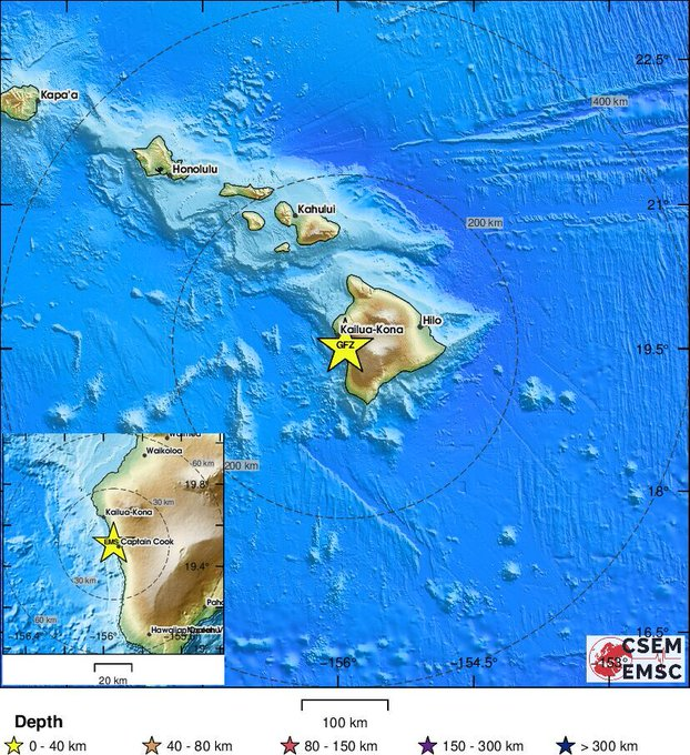 ferozwala's tweet photo. #Breaking 
🚨A magnitude 6.0 earthquake occurred 10 mi SE of Kailua-Kona 

#Honaunau #Napoopoo 
#Hawaii #Earthquake 
📌An earthquake at 9:46 p.m. HST was felt widely on the Island of Hawai'i, Maui, and Oahu.
📍No #tsunami is expected following a magnitude 6.0 earthquake that occurred on the western flank of Mauna Loa.