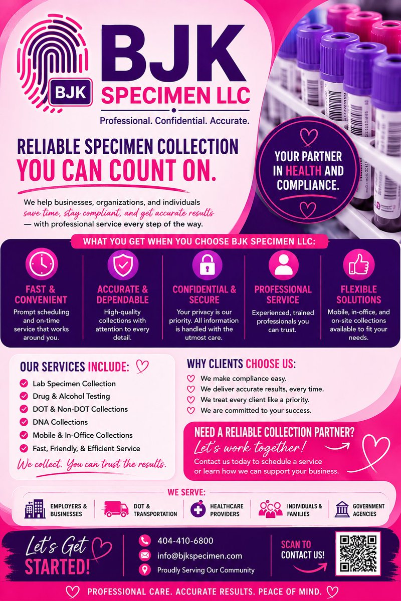 BJKspecimen's tweet photo. Now offering DNA &amp; Drug Testing Services 🧬🧪

Professional specimen collection
Confidential results | Fast turnaround
Appointments available

#DNATesting #DrugTesting #LabServices #SpecimenCollection #TestingServices https://t.co/XL4ft6bcqK