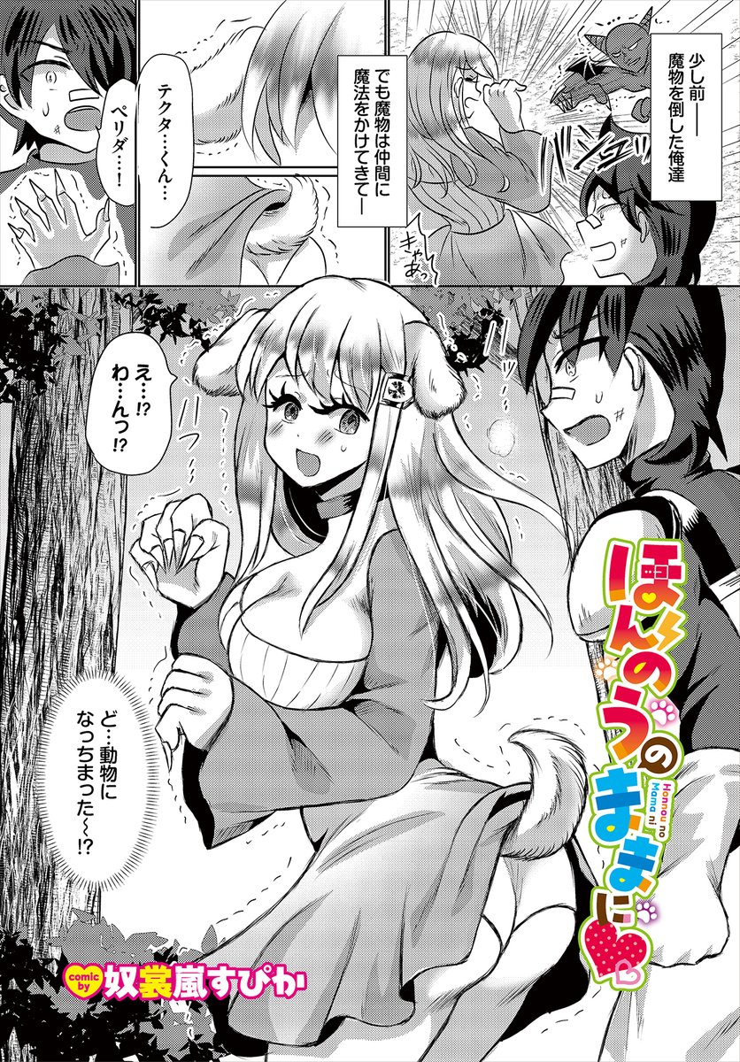 【ダンジョン31作品紹介】
『ほんのうのままに♡』奴裳嵐すぴか
勇者テクタと魔導士ペリダはいつも一緒に魔物を討伐する仲。ある時、ペリダは魔物に魔法をかけられ、その中身は本能だけの動物に…。裸で動き回る彼女の姿にドギマギしてしまうテクタは思わず興奮してしまう! 