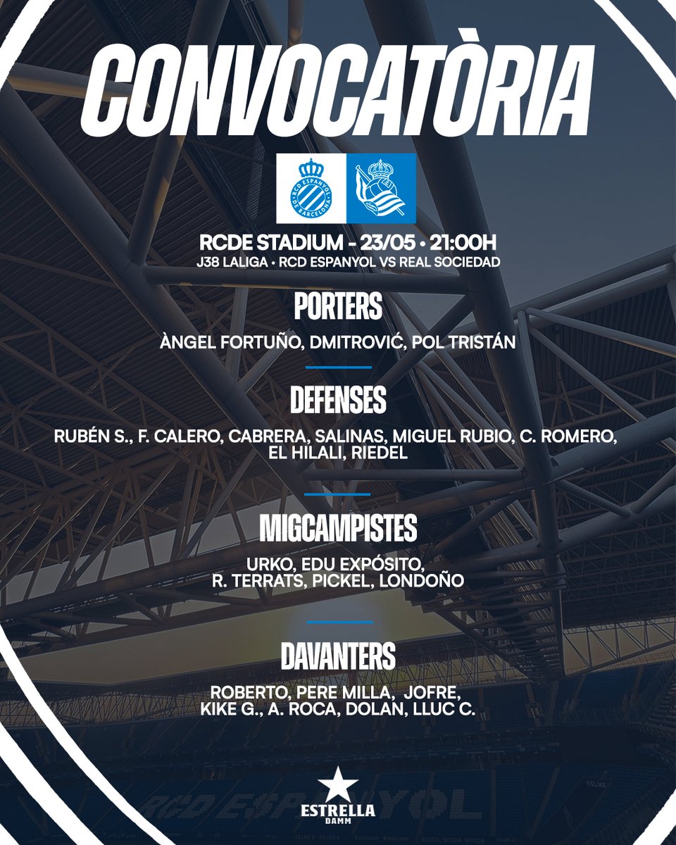 RCDEspanyol's tweet photo. 📋 CONVOCATÒRIA | Llista per a l'#EspanyolRealSociedad! 
#RCDE https://t.co/GN5ZvifVs1