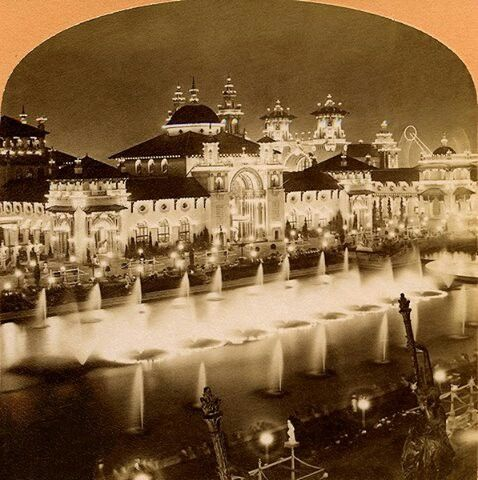 SpireDomePillar's tweet photo. Pan Am Expo, Buffalo, NY glowing in the dark. We're told that the carbon filaments inside the lightbulbs of the time glowed at a scorching 2,000c to 2,500c and the exterior surface of the glass reached 150cto 260c.

How could they safely use these on structures made of wood and plaster?
