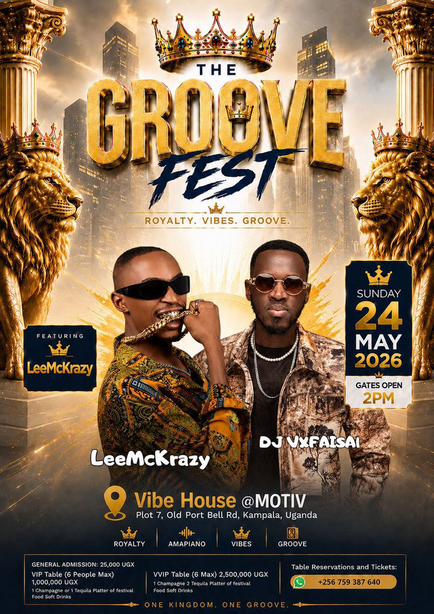 IsaiahStark07's tweet photo. Kampala, it’s time to dress up, show up, and vibe out.  

On Sunday, 24th May 2026, the city comes alive at Vibe House @ MOTIV for the ultimate Amapiano experience. 

Doors open at 2 pm. Be early, and the vibe starts from the gate. #TheGrooveFestKampla 
#LeeMcKrazyInKampala 
#GrooveFestAmapiano