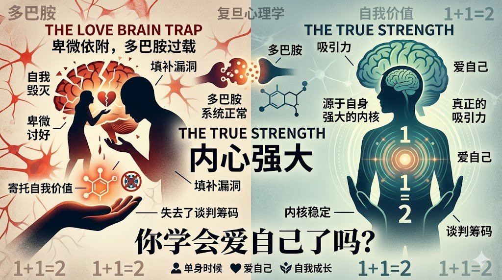 vitcor110's tweet photo. 别再自我标榜“恋爱脑”了，
那只是你的大脑多巴胺系统过载罢工。
复旦心理学课早就拆穿了真相：
很多所谓的“坠入爱河”，
不过是你试图用外部关系填补内在认知的漏洞。
当你把自我价值完全寄托在另一个人身上，
你就失去了谈判的筹码。
真正的吸引力，
从来不是靠卑微讨好换来的，
而是源于你自身内核的稳定与强大。
爱情是 1+1=2 的强强联手，
而不是丢掉 1 去依附 1 的自我毁灭。
你觉得，单身的时候，你学会爱自己了吗？
#恋爱脑 #自我成长 #复旦心理学