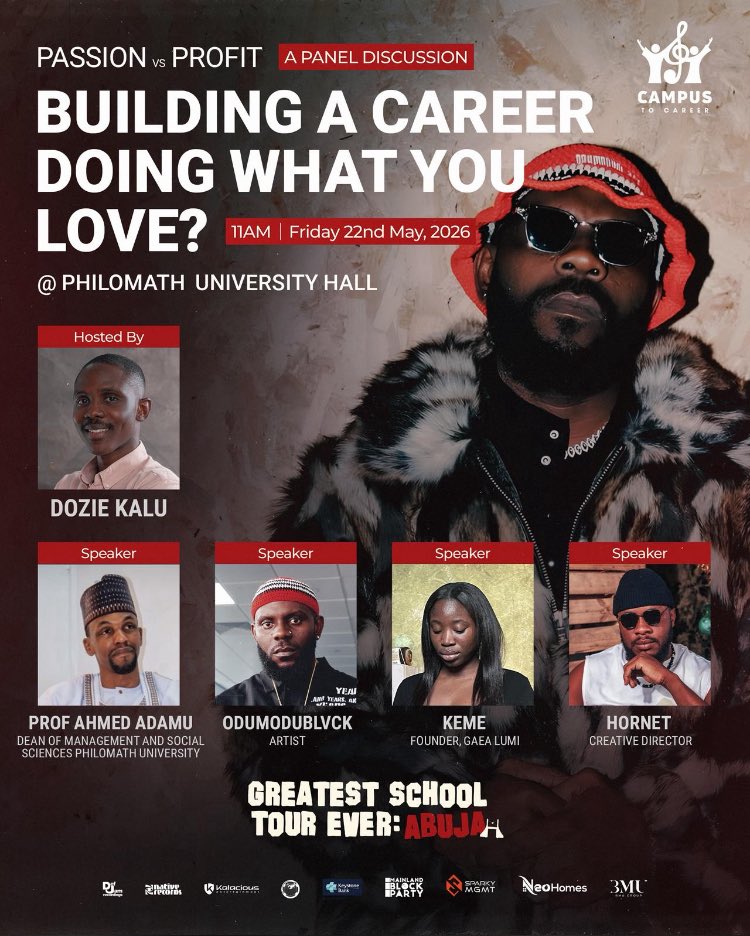 chukstweet's tweet photo. @Odumodublvck_ visited Philomath University yesterday, 22nd of May, 2026, to speak on the topic “Building a Career Doing What You Love”. We were truly honoured that he chose to begin his university tour with Philomath University.

Dean, FNES https://t.co/ih6Pk7Pu34