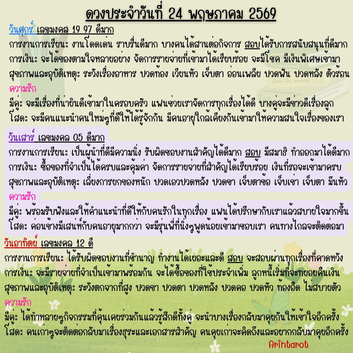 arintarot's tweet photo. 🖋️ ดวงประจำวันที่ 24 พฤษภาคม 2569 📚
#ดูดวง #ดูดวงไพ่ยิปซี​ ​​ #ดวงประจำวัน​ #สีมงคลประจำวัน   
#อรินทร์ไพ่ยิปซี​ Arintarot 🍀 https://t.co/QaFJzuaq9D