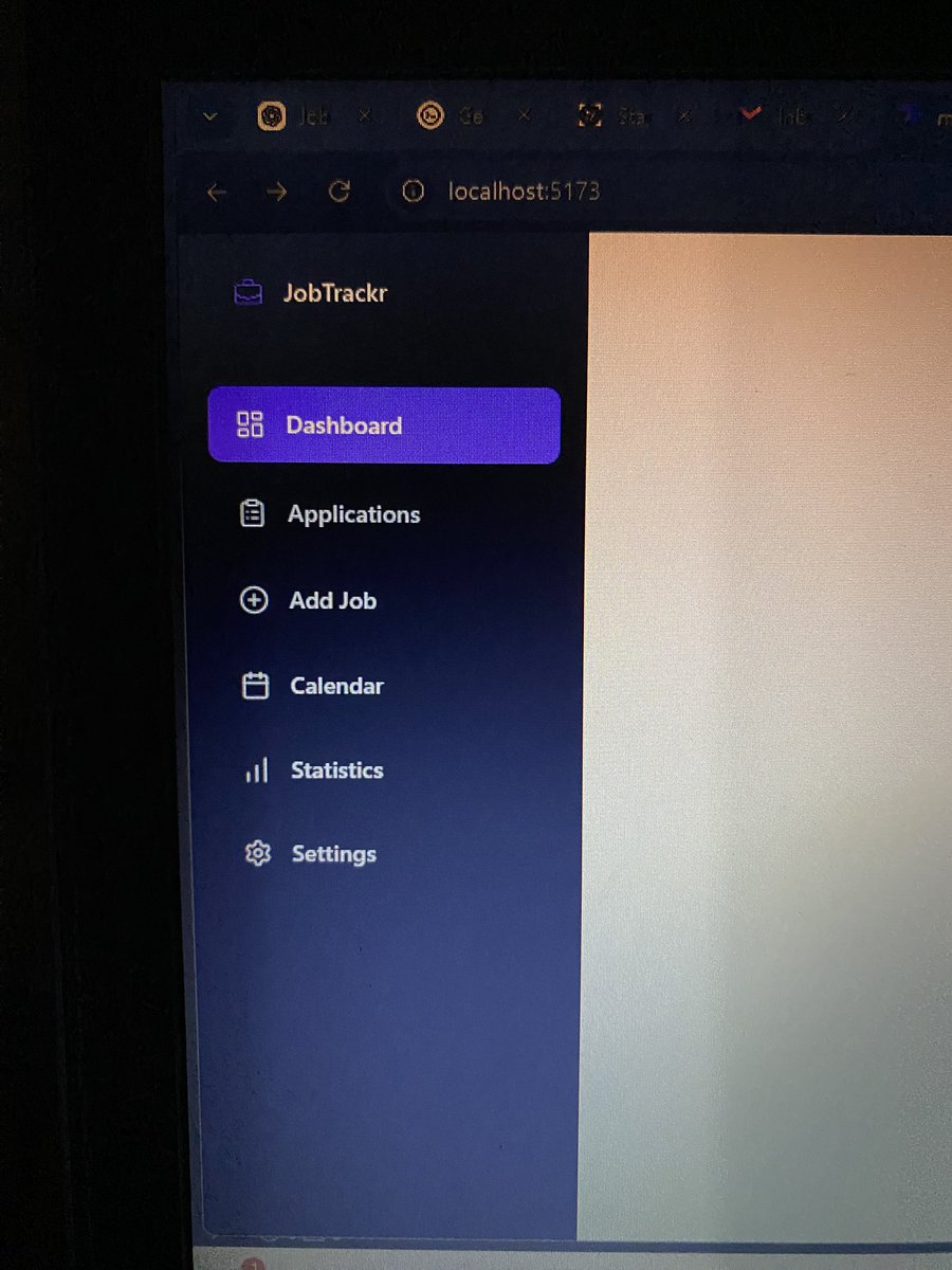 DamDevTech's tweet photo. I started working on a project using React named JobTrackr. Here is the UI design and the progress so far.

#Day1 - Routing and linking the pages, Sidebar,
#frontend #react #javascript https://t.co/HgAgkJz4mw