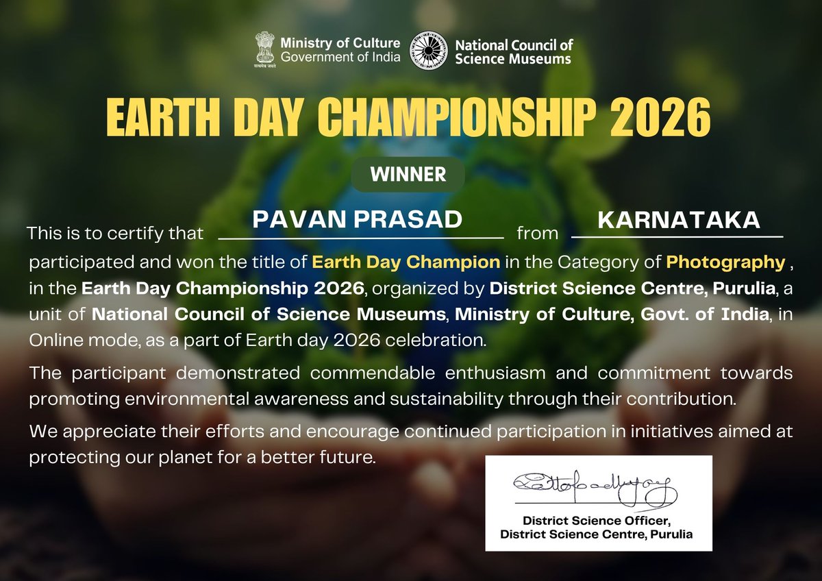 LightRaysPhoto1's tweet photo. Dear team, @dscpurulia @MIB_India @MinOfCultureGoI 
@EduMinOfIndia 
Thank you so much for selecting my photograph as a winner in the contest " Earth Day Championship 2026 ". And your kind words. It's an honor and privilege to be part of this event.😍🙏

Thanks &amp; Regards,
Pavan https://t.co/U0TEF0qsgp